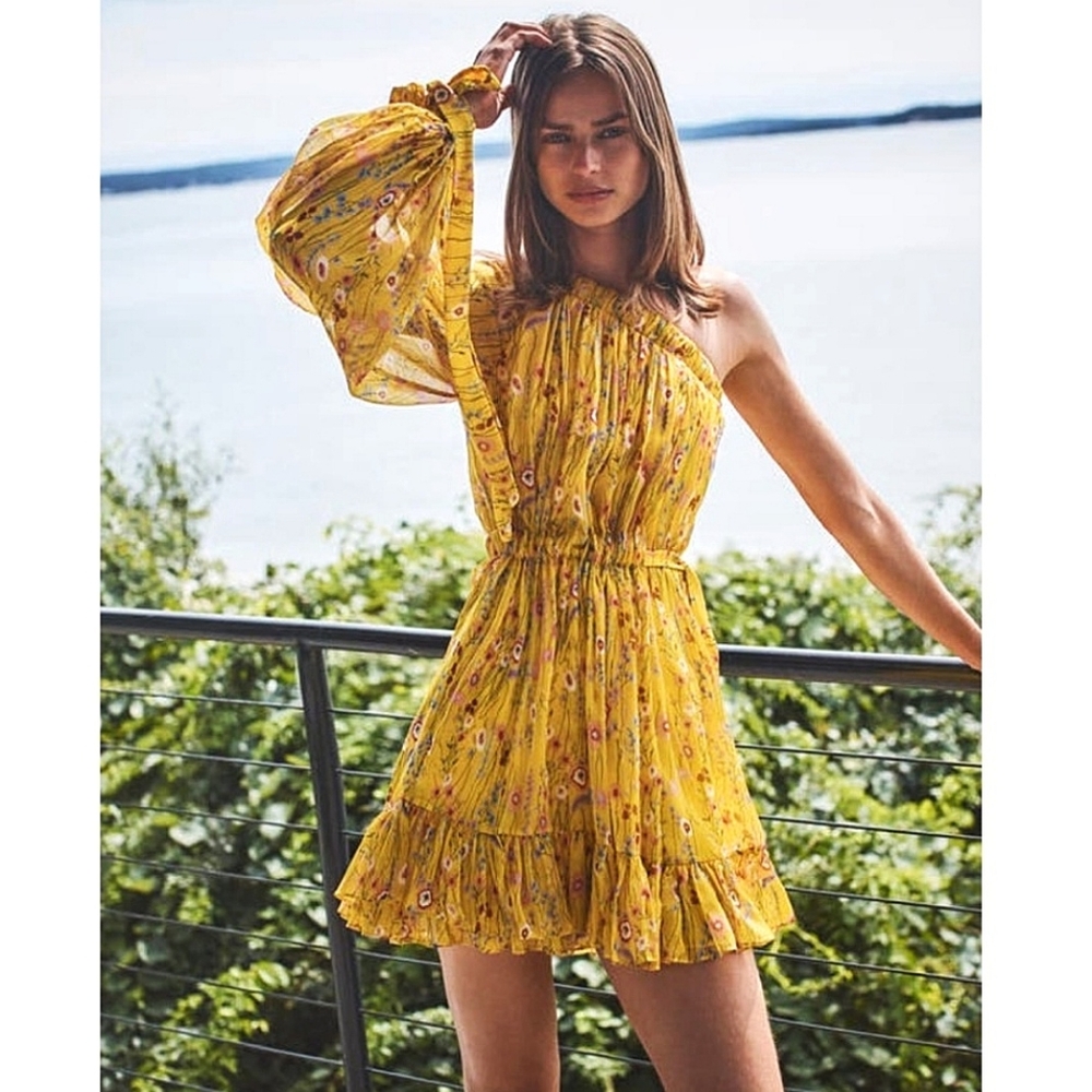 ALEXIS Edyta Floral One-Shoulder Yellow Floral Ruffle Mini Dress
